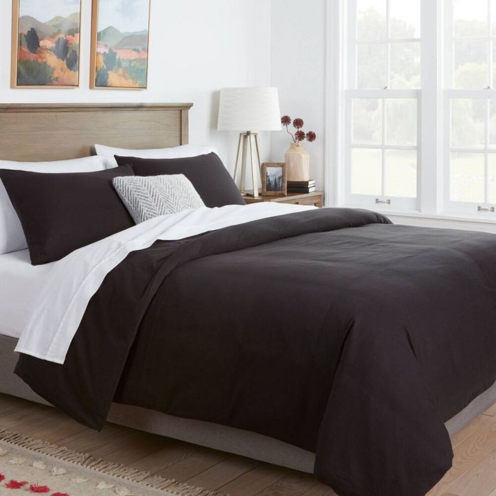 2pc Twin/Twin Extra Long Washed Cotton Sateen Duvet Cover and Sham Set Black -